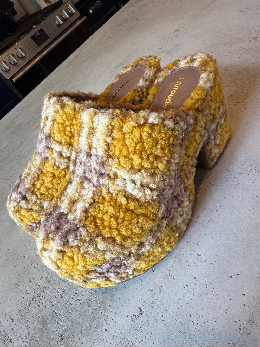 Larroude Yellow Bouclé Platform Mules with Neutral Accents